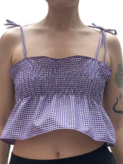 LIZAKOSHT  -  Y2K-Inspired Red & White Gingham Print Crop Camisole for Women - Sleeveless Tie-Strap Top with Ruffled Hem, Casual Streetwear & Clubwear, Machine Washable Polyester, Club Fashion Top | Offshoulder Camisole | Pol