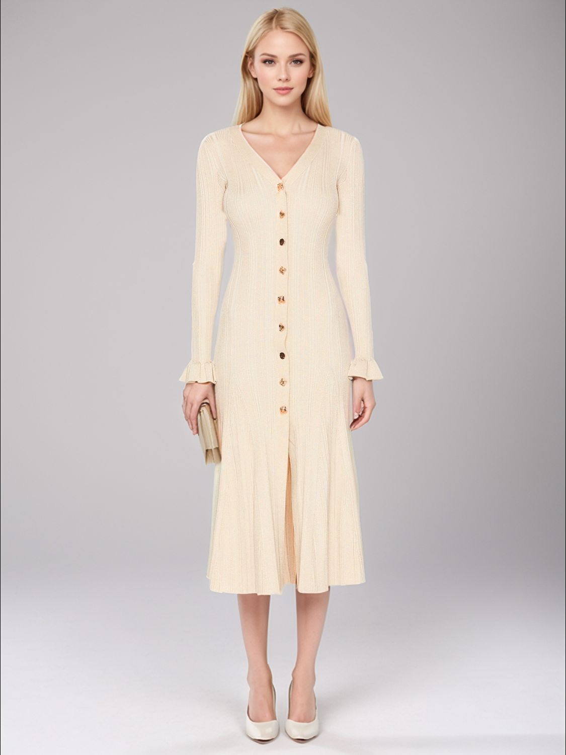 LIZAKOSHT  -  V-Neck Flounce Sleeve Sweater Dress
