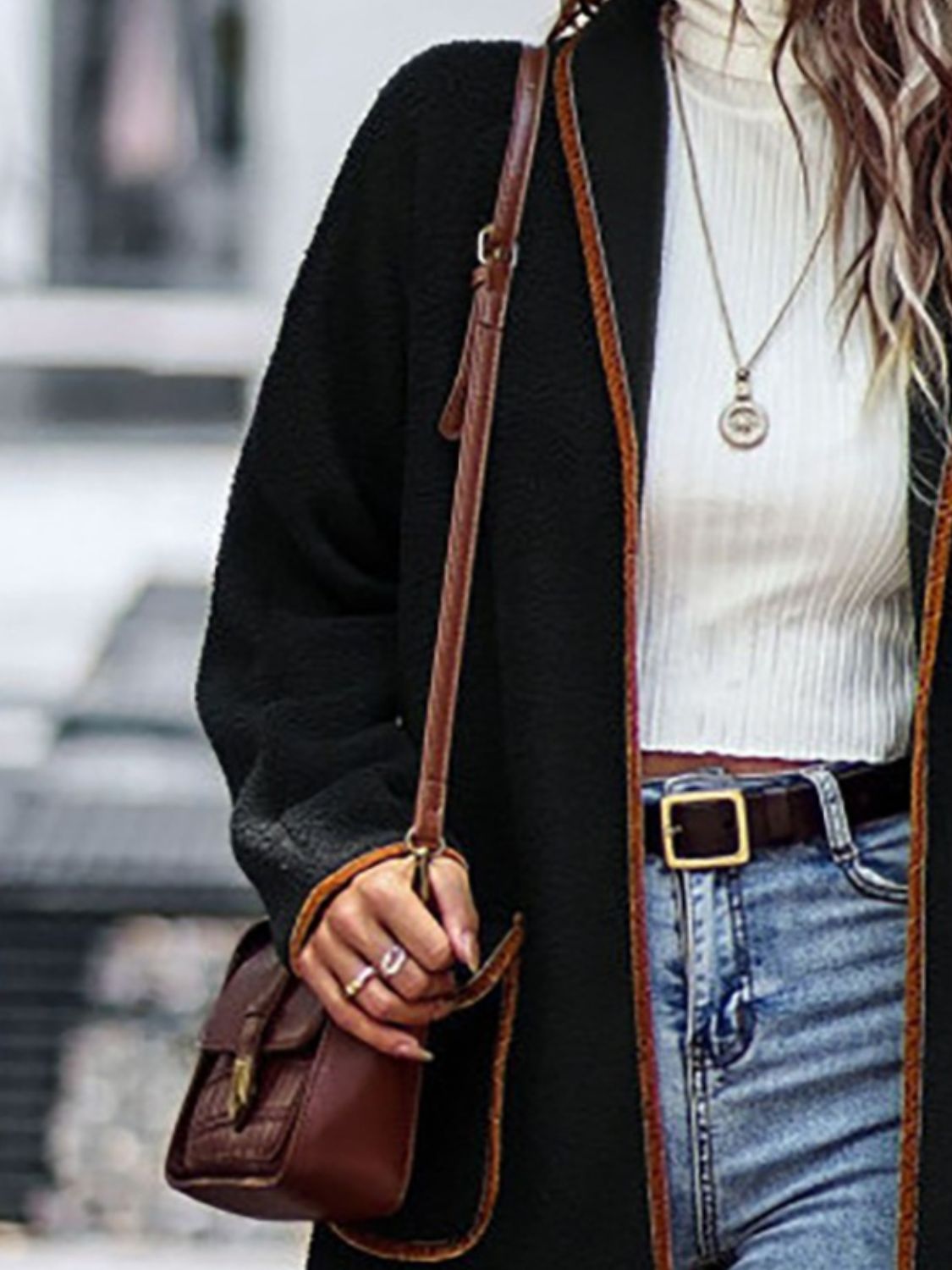 LIZAKOSHT  -  Full Size Contrast Trim Long Sleeve Coat with Pockets