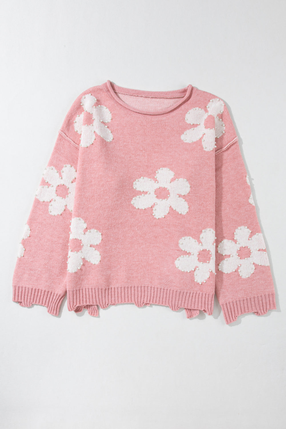 LIZAKOSHT  -  Pearl Trim Flower Round Neck Sweater