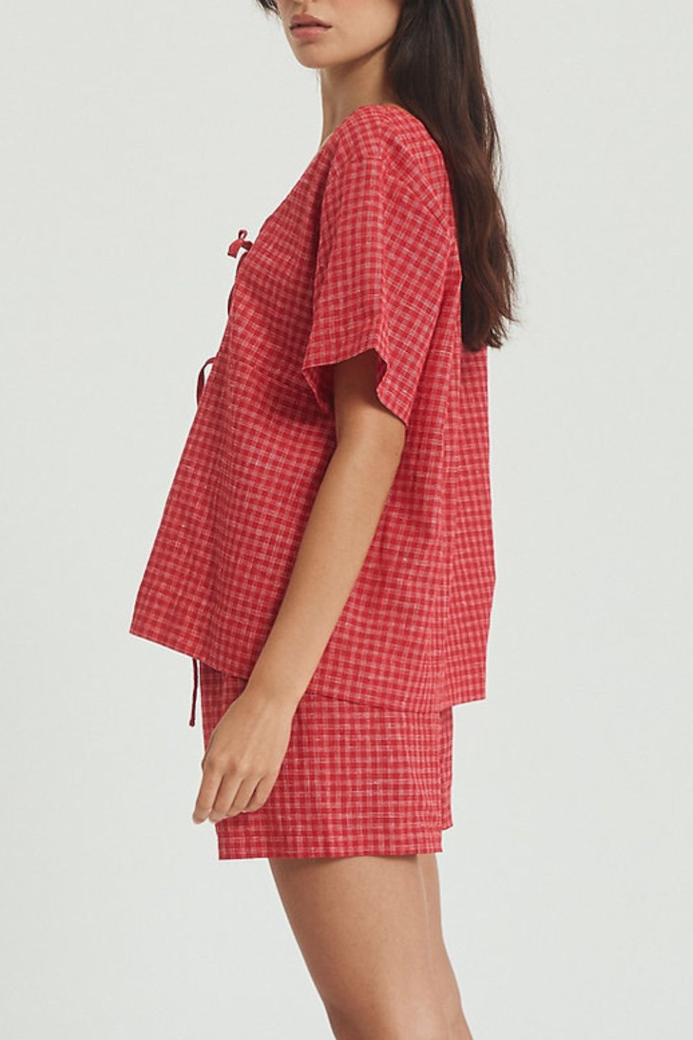 LIZAKOSHT  -  Plaid Tied Scoop Neck Short Sleeve Top and Drawstring Shorts Set
