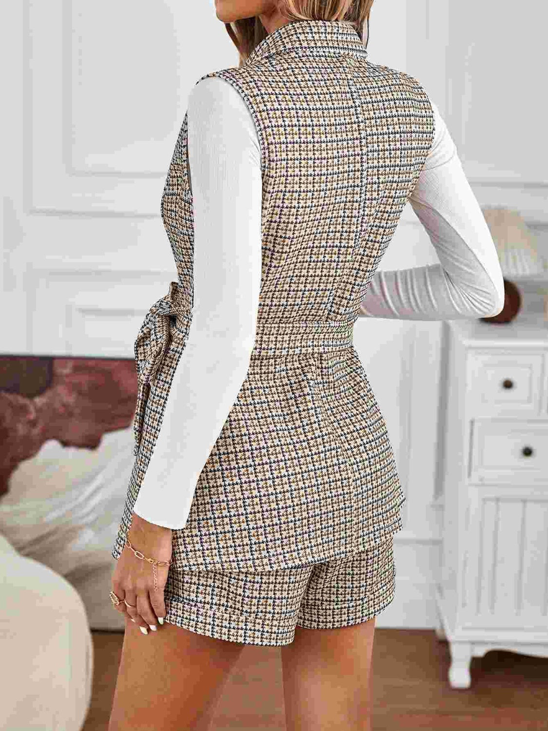 LIZAKOSHT  -  Tied Plaid Collared Neck Vest and Shorts Set