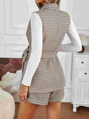 LIZAKOSHT  -  Tied Plaid Collared Neck Vest and Shorts Set