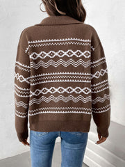 LIZAKOSHT  -  Perfee Geometric Zip Up Collared Neck Long Sleeve Cardigan