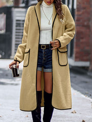 LIZAKOSHT  -  Full Size Contrast Trim Long Sleeve Coat with Pockets