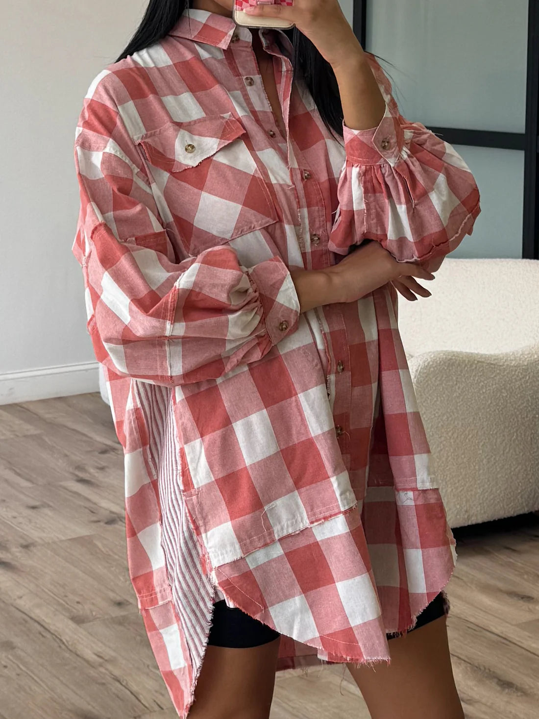 LIZAKOSHT  -  Plaid Collared Neck Long Sleeve Shirt Dress