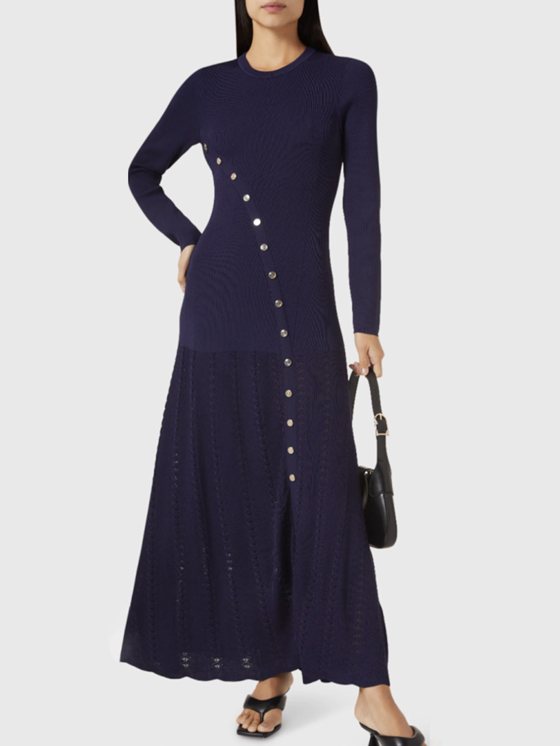 LIZAKOSHT  -  Openwork Round Neck Long Sleeve Sweater Dress