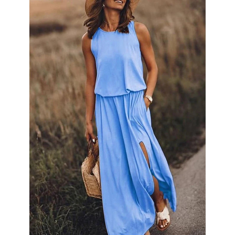 LIZAKOSHT  -  2024 Summer European and American Women's Clothing Trend Retro Round Neck Sleeveless Slit Solid Color Two-piece Dress