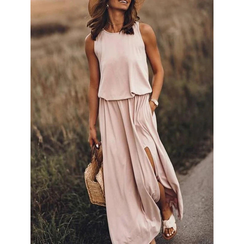 LIZAKOSHT  -  2024 Summer European and American Women's Clothing Trend Retro Round Neck Sleeveless Slit Solid Color Two-piece Dress