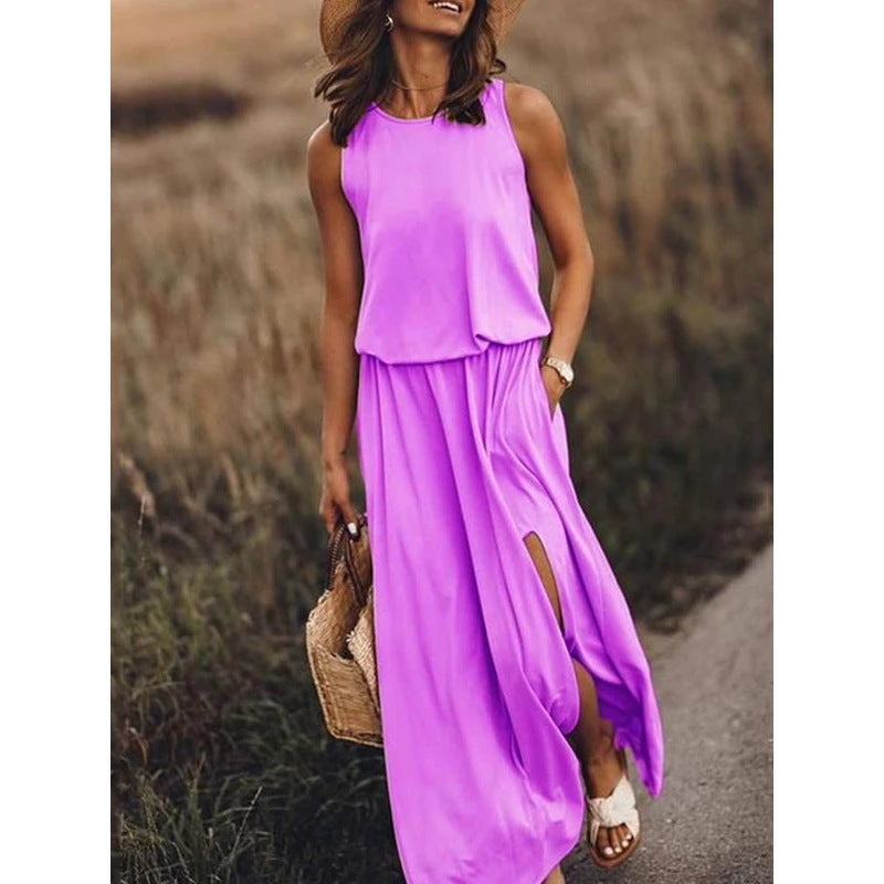 LIZAKOSHT  -  2024 Summer European and American Women's Clothing Trend Retro Round Neck Sleeveless Slit Solid Color Two-piece Dress