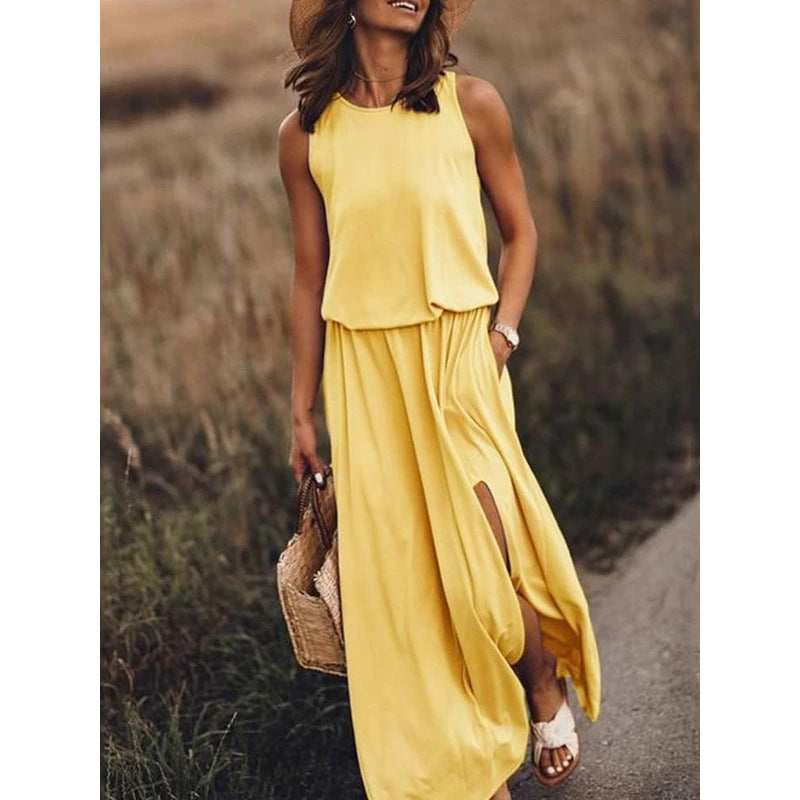 LIZAKOSHT  -  2024 Summer European and American Women's Clothing Trend Retro Round Neck Sleeveless Slit Solid Color Two-piece Dress