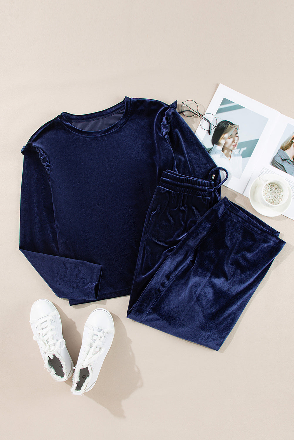 LIZAKOSHT  -  Frill Round Neck Long Sleeve Top and Pants Set