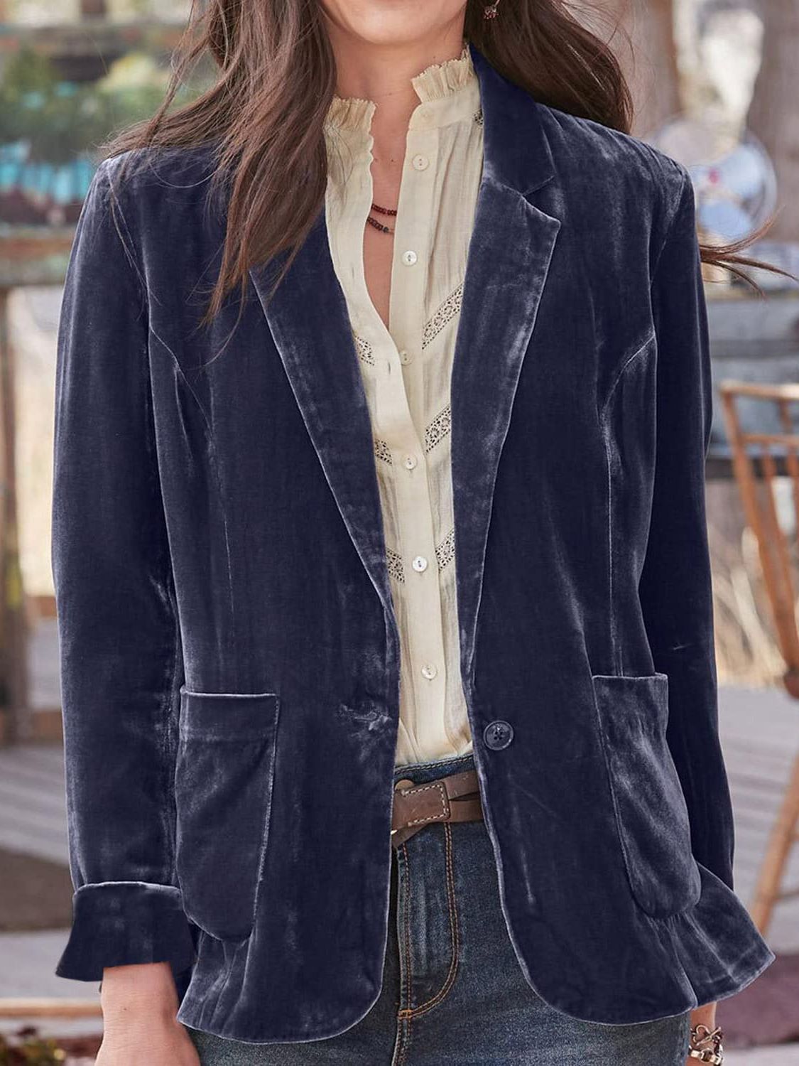 LIZAKOSHT  -  Pocketed Button Up Lapel Collar Blazer