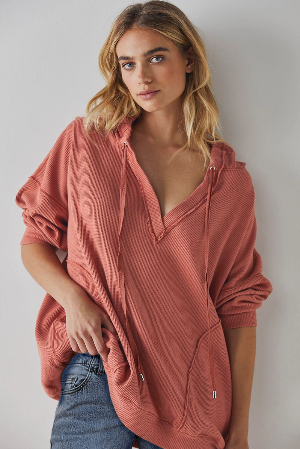 LIZAKOSHT  -  Exposed Seam Drawstring Long Sleeve Hoodie