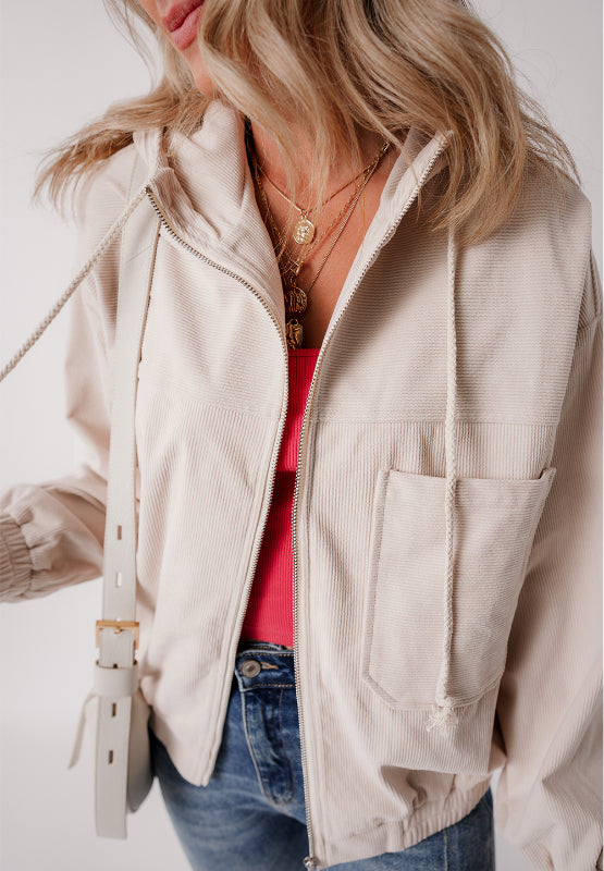 LIZAKOSHT  -  Pocketed Zip Up Long Sleeve Hooded Jacket