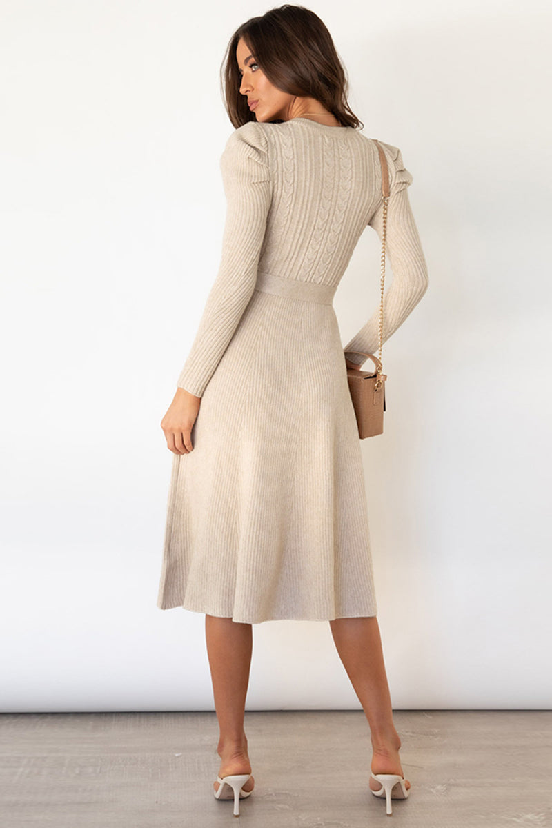 LIZAKOSHT  -  Round Neck Long Sleeve Tie Waist Sweater Dress