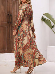 LIZAKOSHT  -  Smocked Printed V-Neck Flounce Sleeve Dress