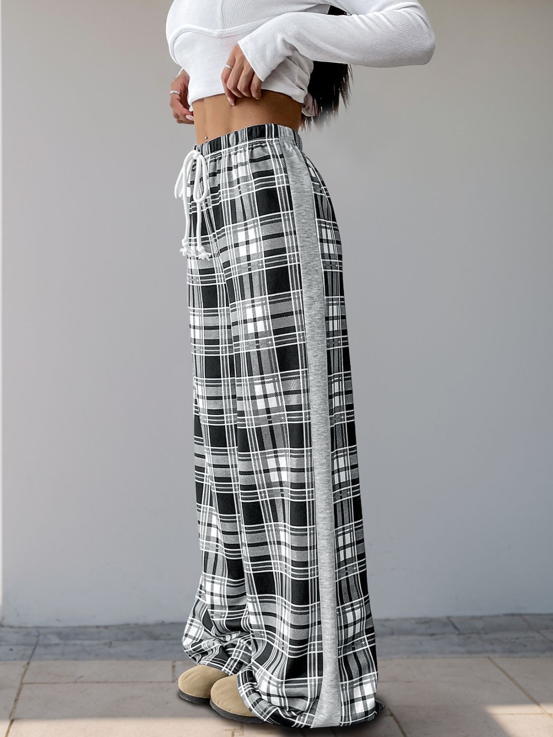 LIZAKOSHT  -  Perfee Drawstring Plaid Wide Leg Pants