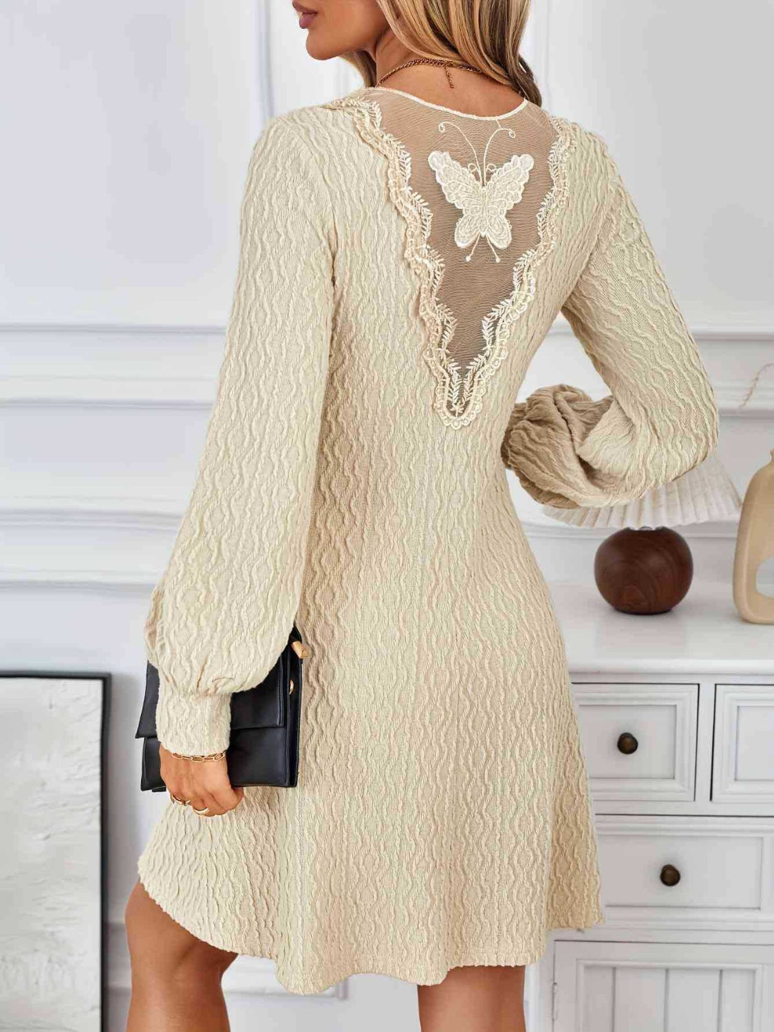 LIZAKOSHT  -  Lace Detail V-Neck Long Sleeve Dress