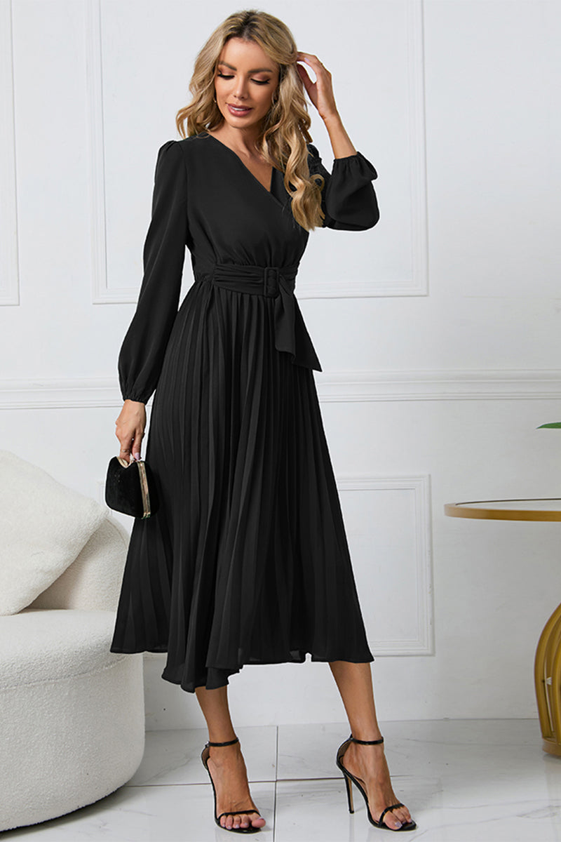 LIZAKOSHT  -  V-Neck Long Sleeve Tie Waist Midi Dress