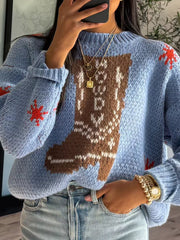 LIZAKOSHT  -  Boot Pattern Round Neck Dropped Shoulder Sweater