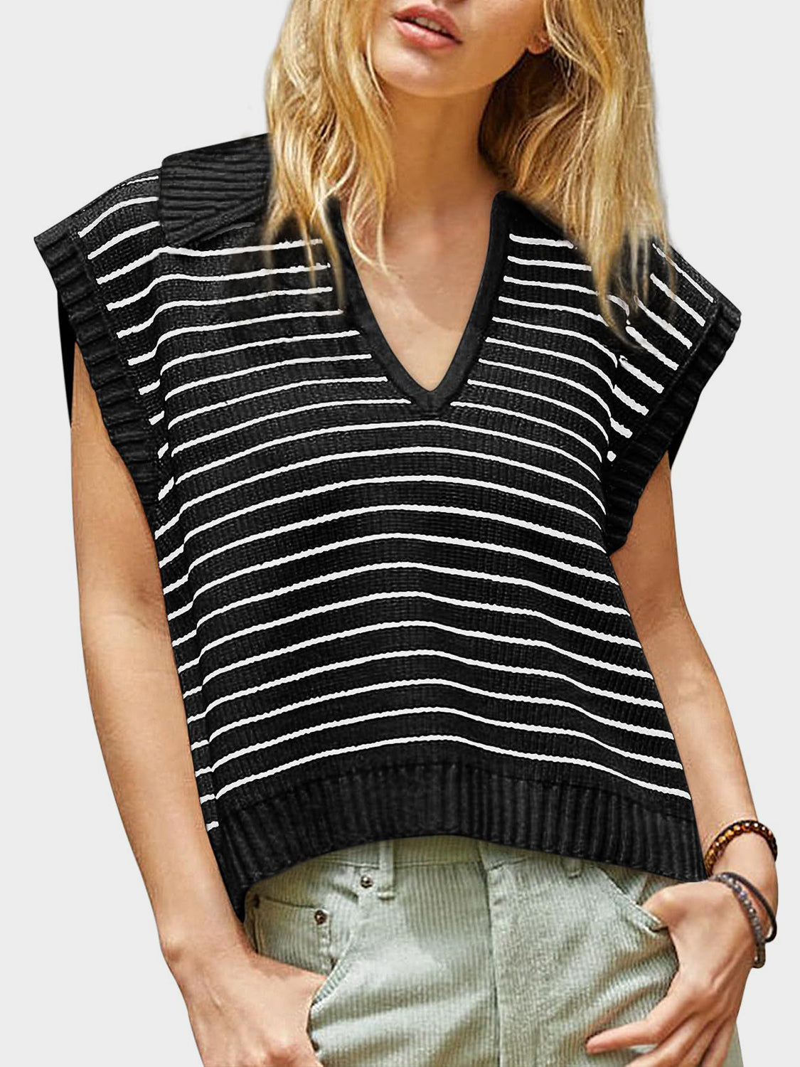 LIZAKOSHT  -  Mandy Collared Neck Striped Sweater Vest