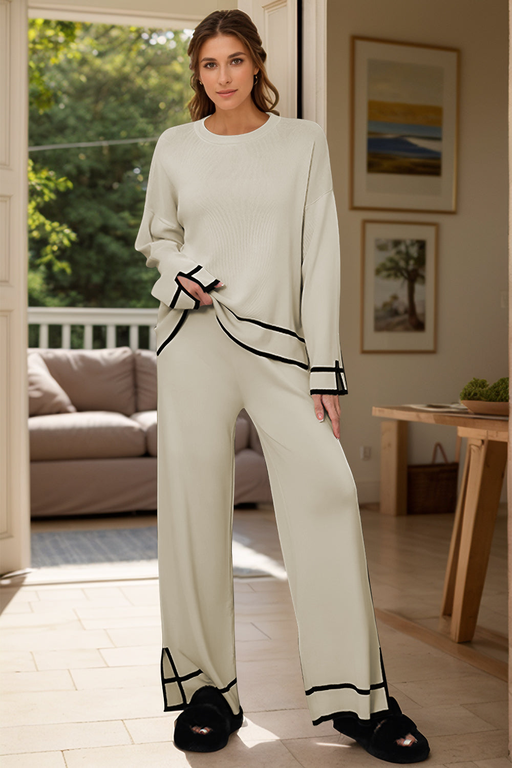 LIZAKOSHT  -  High-Low Round Neck Top and Pants Sweater Set