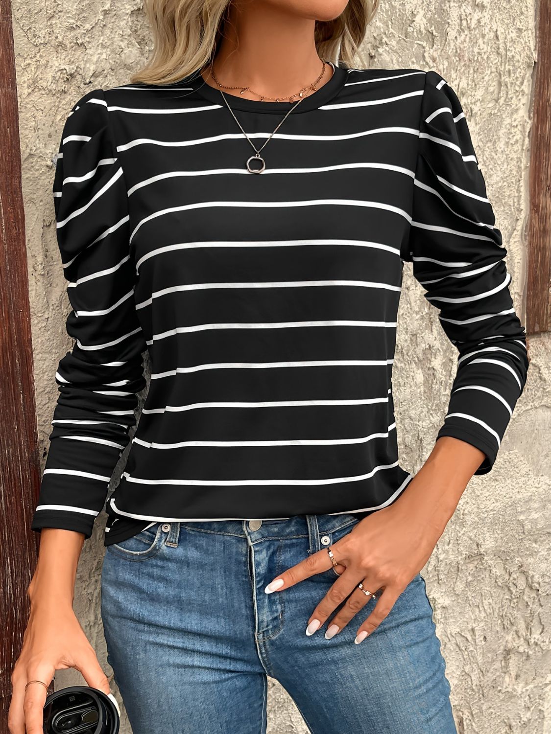 LIZAKOSHT  -  Full Size Striped Round Neck Puff Sleeve T-Shirt