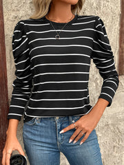 LIZAKOSHT  -  Full Size Striped Round Neck Puff Sleeve T-Shirt