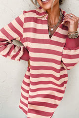 LIZAKOSHT  -  Contrast Striped Johnny Collar Long Sleeve Mini Dress