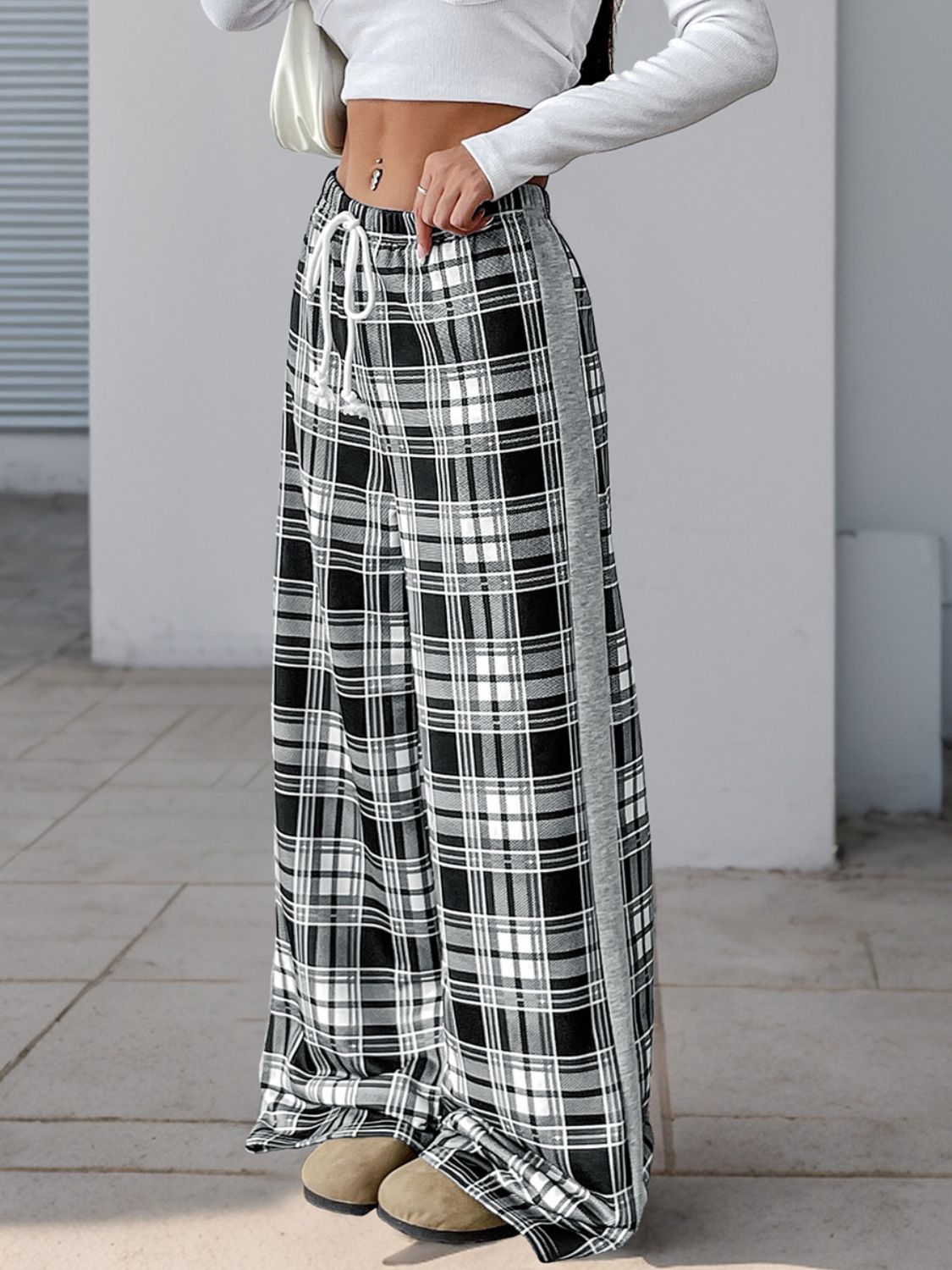 LIZAKOSHT  -  Perfee Drawstring Plaid Wide Leg Pants