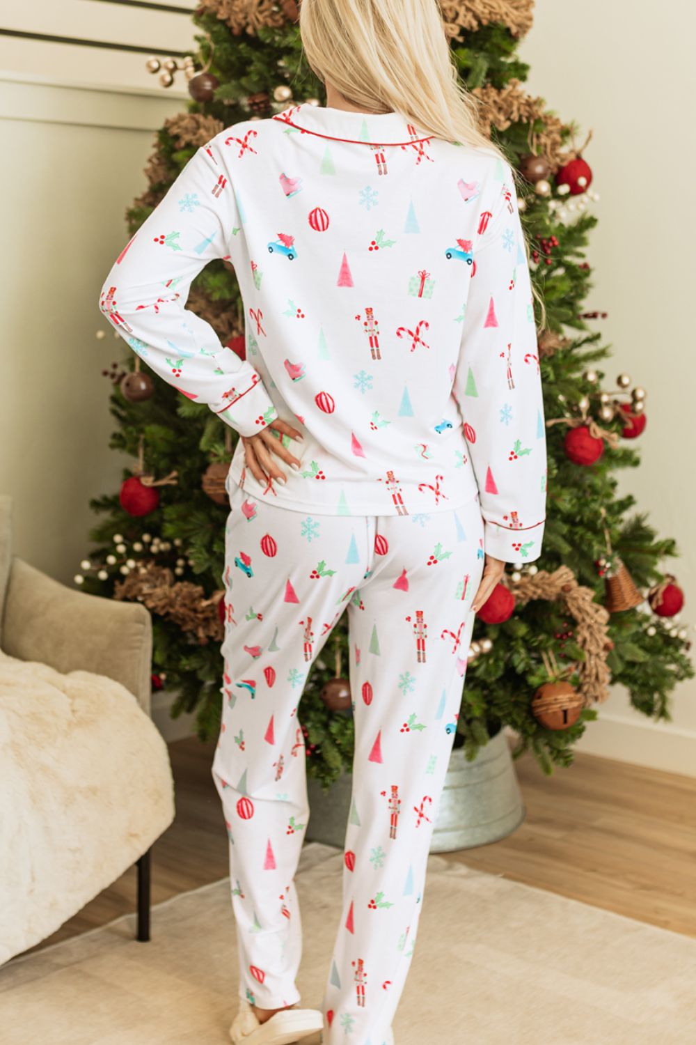 LIZAKOSHT  -  Christmas Printed Collared Neck Top and Pants Lounge Set