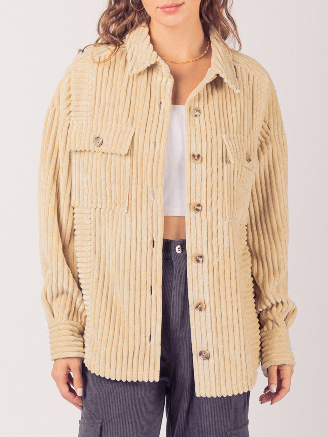 LIZAKOSHT  -  Button Up Long Sleeve Corduroy Jacket