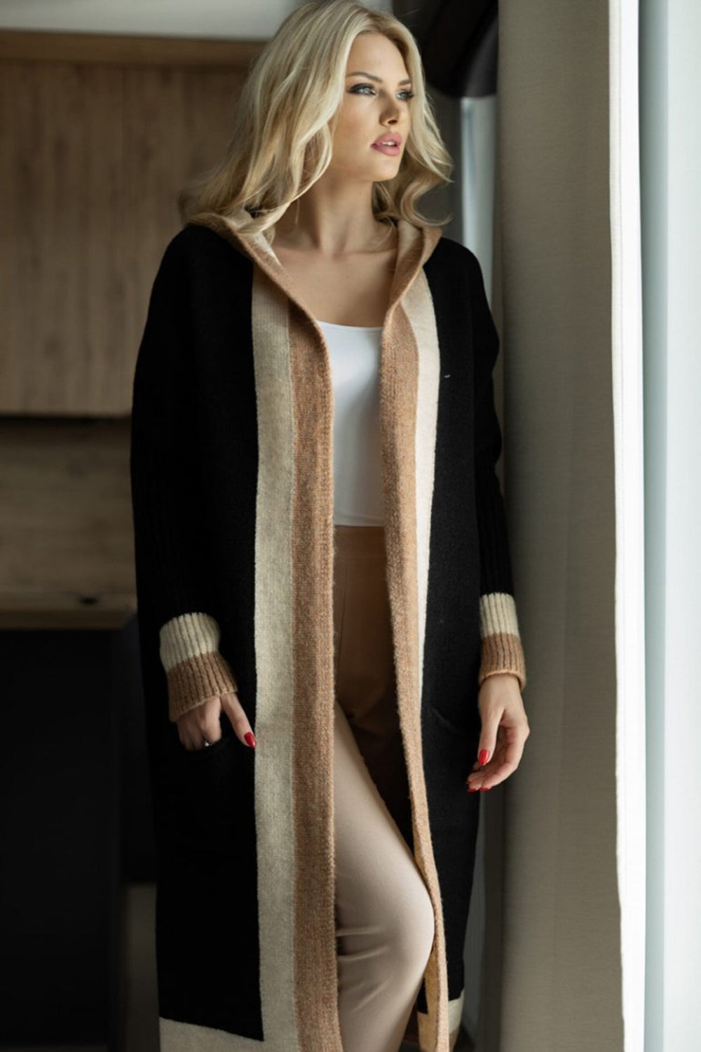 LIZAKOSHT  -  Pocketed Contrast Long Sleeve Hooded Cardigan