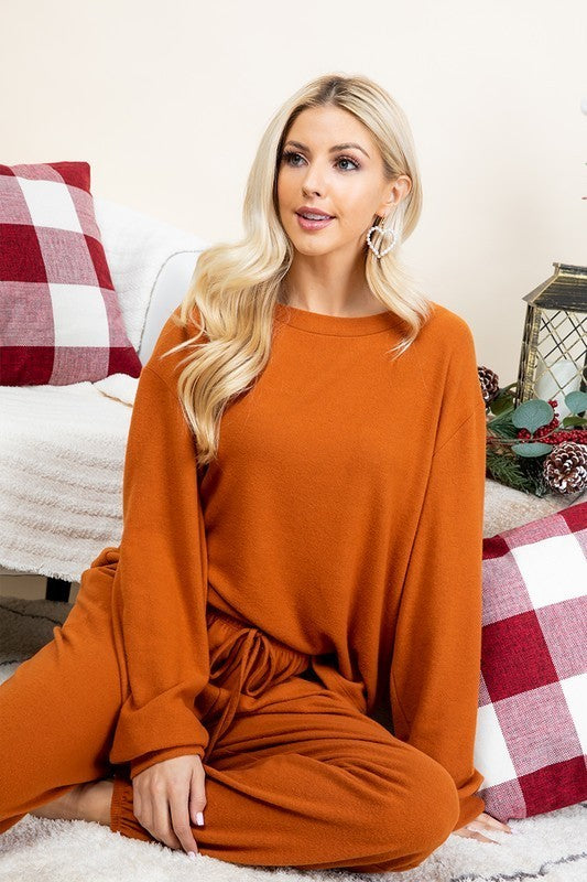 LIZAKOSHT  -  Super Lady Full Size Fuzzy Hacci Brush Round Neck Top and Pants Lounge Set