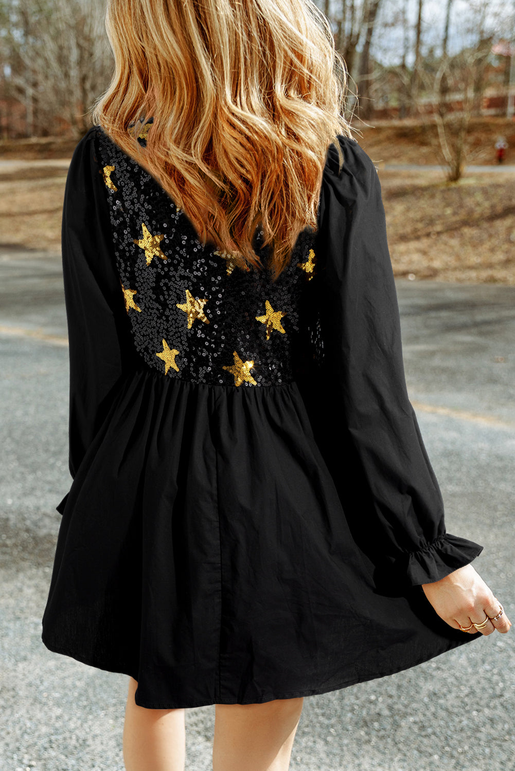 LIZAKOSHT  -  Sequin Star Round Neck Flounce Sleeve Mini Dress