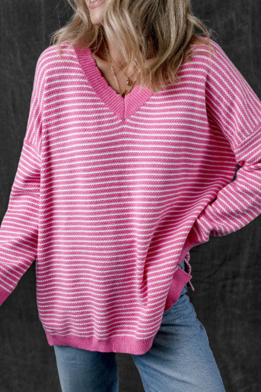 LIZAKOSHT  -  Striped V-Neck Dropped Shoulder Sweater