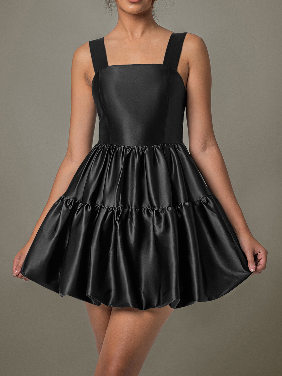 LIZAKOSHT  -  Ruched Square Neck Wide Strap Mini Dress