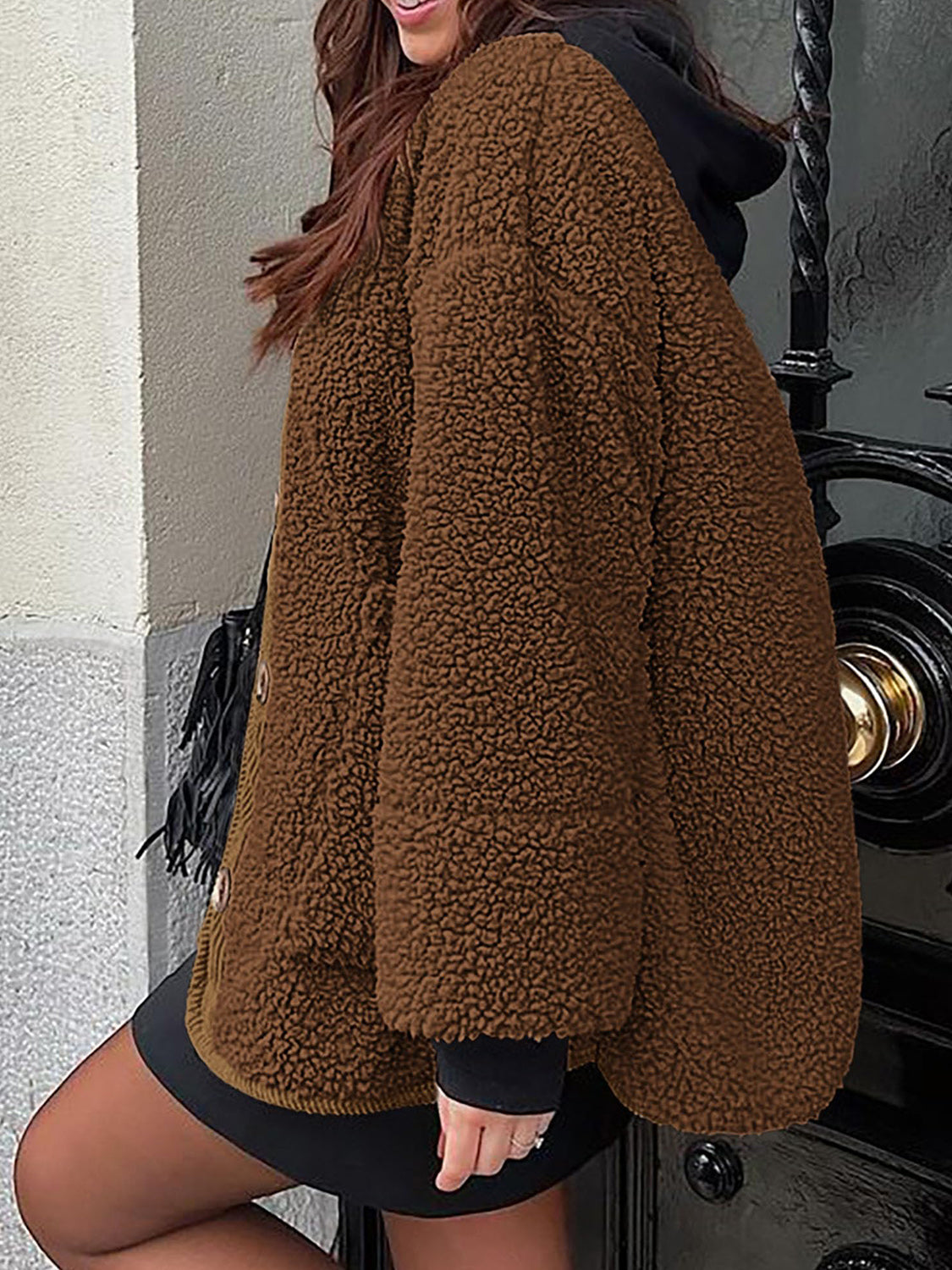 LIZAKOSHT  -  Contrast Button Up Sherpa Jacket with Pockets