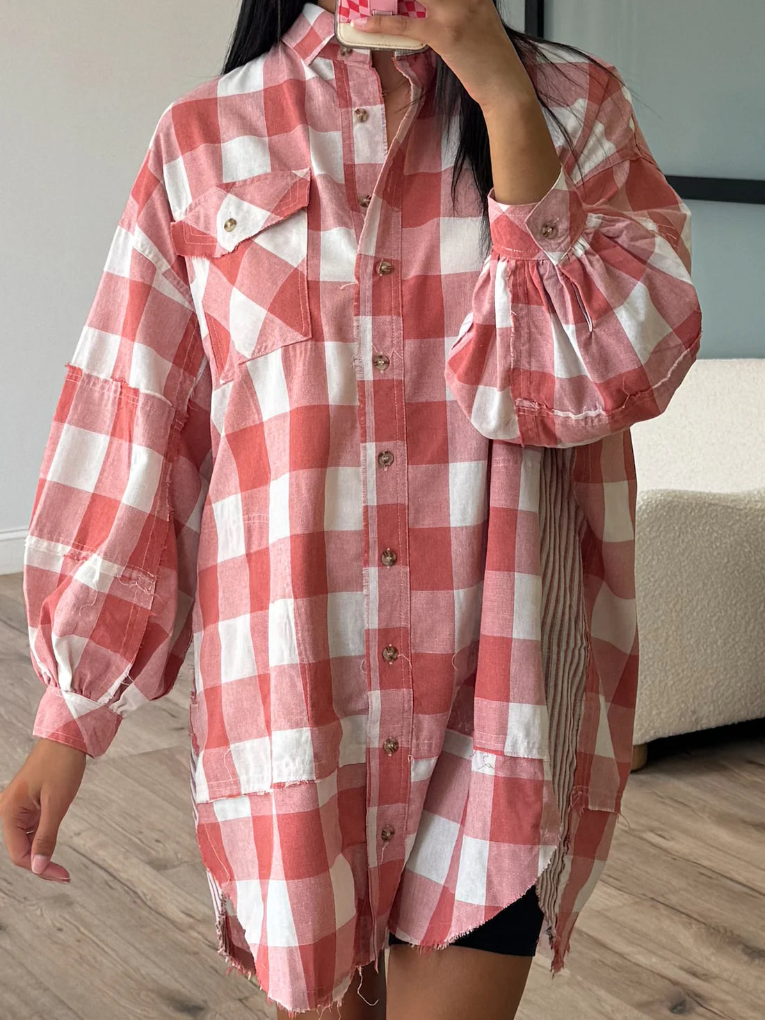 LIZAKOSHT  -  Plaid Collared Neck Long Sleeve Shirt Dress
