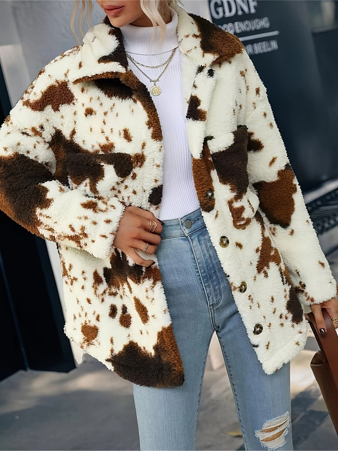 LIZAKOSHT  -  Cow Print Collared Neck Button Up Fuzzy Jacket