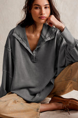 LIZAKOSHT  -  Exposed Seam Side Slit Long Sleeve Sweatshirt