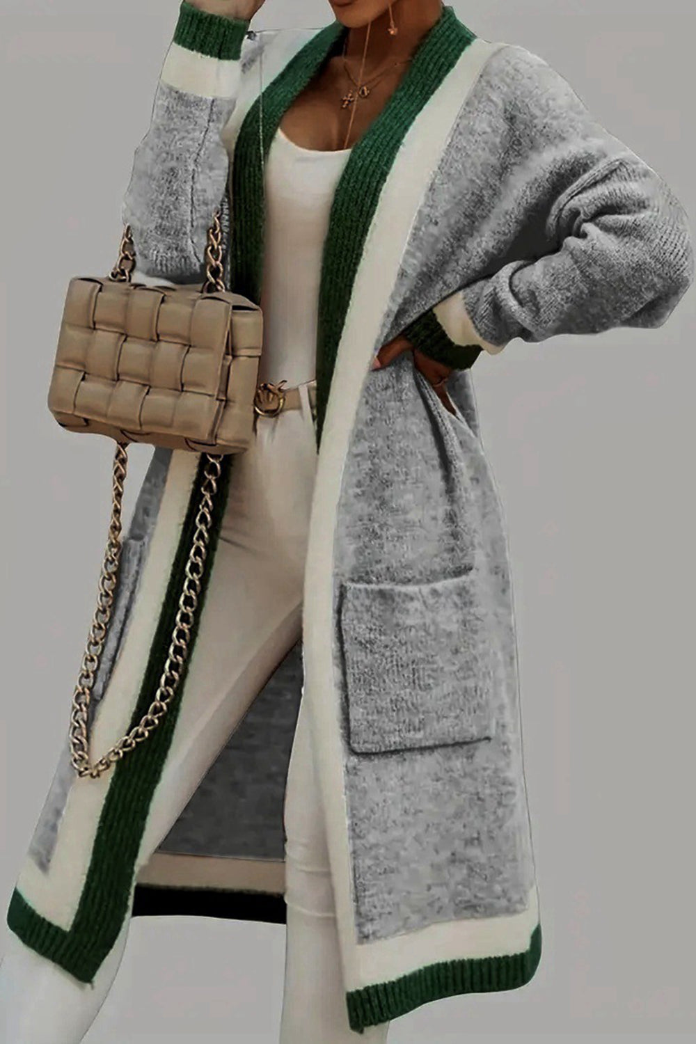 LIZAKOSHT  -  Pocketed Contrast Long Sleeve Hooded Cardigan
