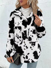 LIZAKOSHT  -  Cow Print Collared Neck Button Up Fuzzy Jacket