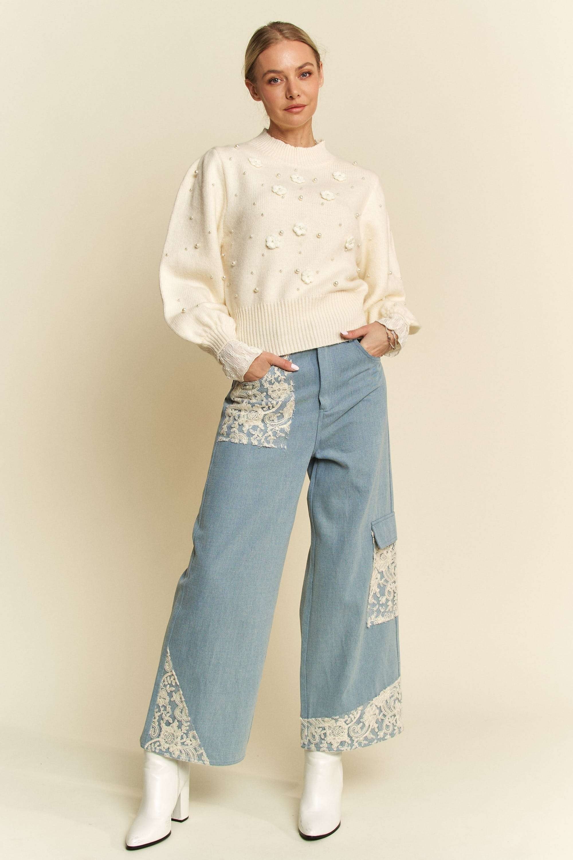 LIZAKOSHT  -  Davi & Dani Lace Applique Wide Leg Jeans