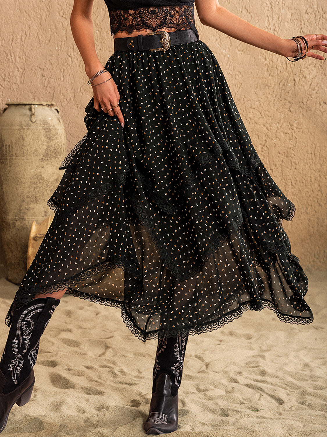LIZAKOSHT  -  Lace Detail Layered Midi Skirt
