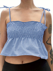 LIZAKOSHT  -  Y2K-Inspired Red & White Gingham Print Crop Camisole for Women - Sleeveless Tie-Strap Top with Ruffled Hem, Casual Streetwear & Clubwear, Machine Washable Polyester, Club Fashion Top | Offshoulder Camisole | Pol