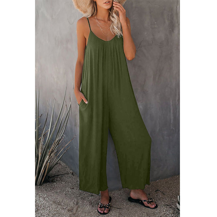 Women's Simple Adjustable Strap Sleeveless Wide Leg Jumpsuit with Pockets for Spring, Summer Clothes Women, Lady Breathable Solid Loose Cami Jumpsuit for Women, New Trendy Comfort Summer One-Piece, Matching Long Pants Playsuit, Womenswear Overalls