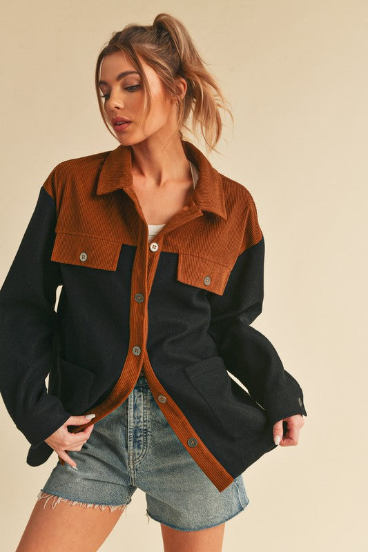 LIZAKOSHT  -  Two Tone Button Up Jacket with Pockets