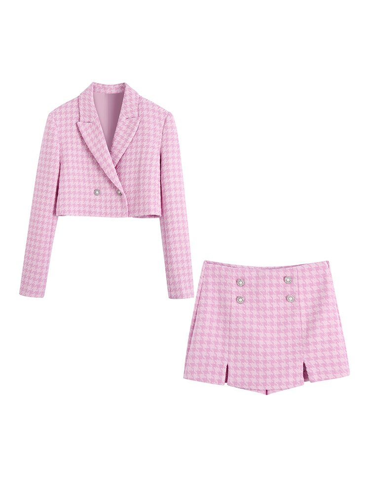 Lizakosht Womens Shorts Sets Elegant Houndstooth Tweed Set Cropped Blazer And High Waist Skort False Bejeweled Button Piece Suit